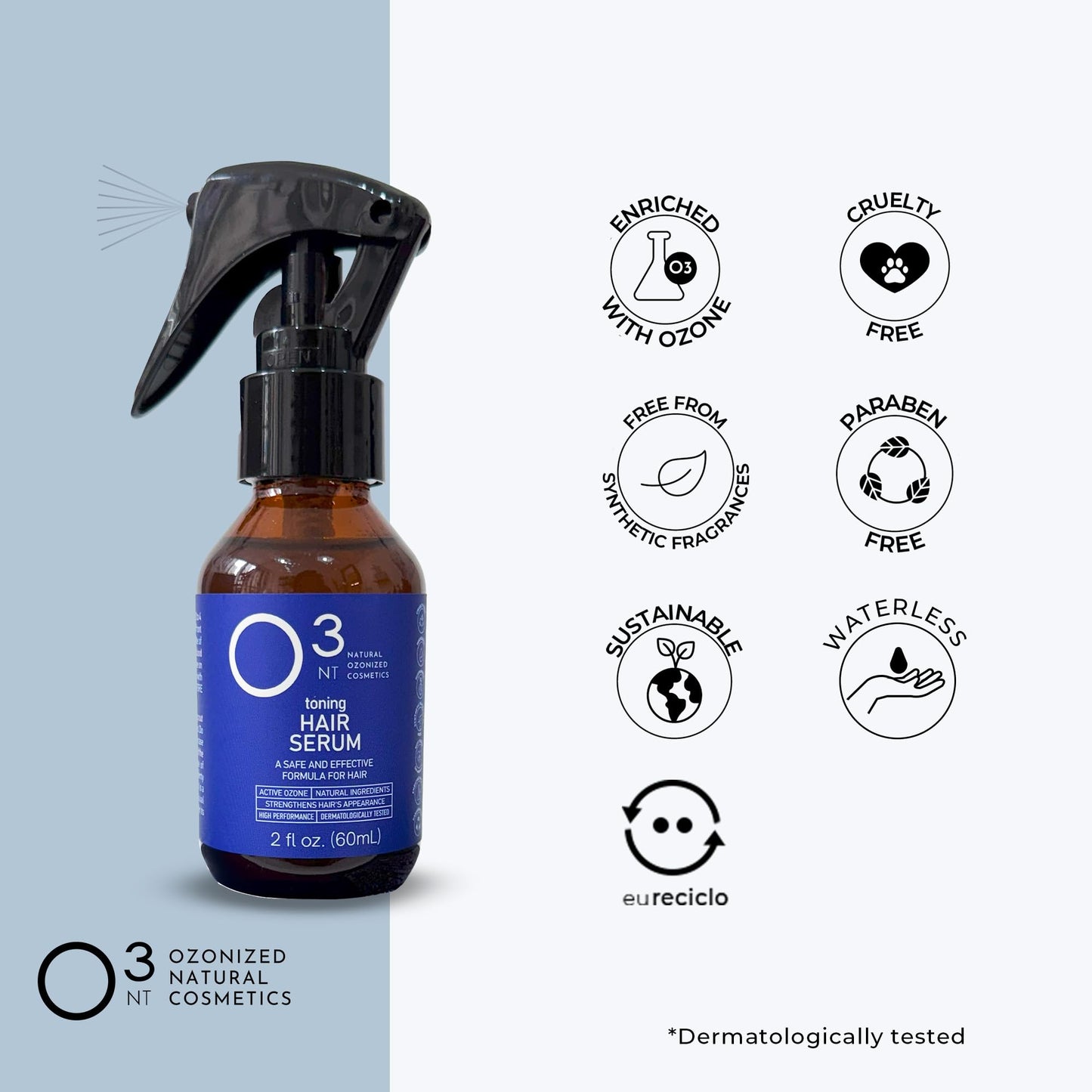 O3NT Toning Hair Serum - Active Ozone & Natural Ingredients - Shedding Reduction - Dermatologically Tested - 2.03 Fl Oz