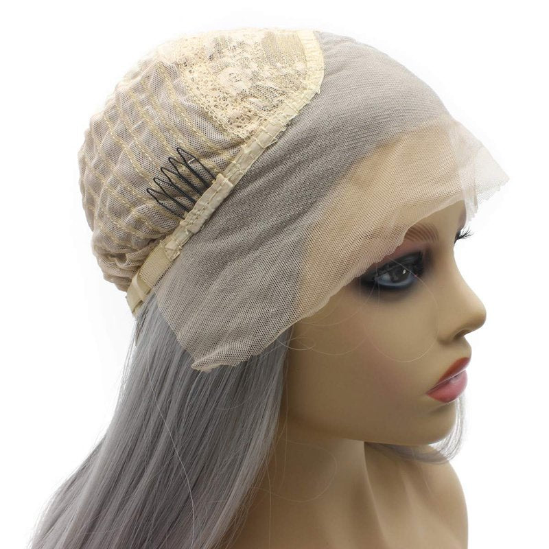 Iwona Gray Straight Wig Half Hand Tied Heat Resistant Fiber Hair Synthetic Lace Front Wig