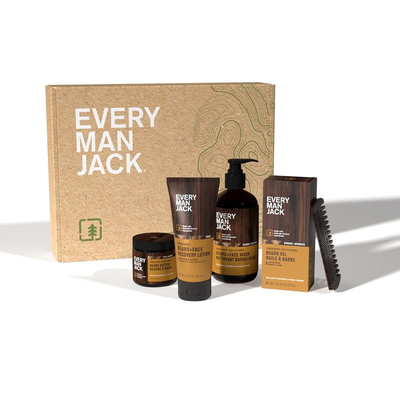 Every Man Jack Beard Essentials Gift Set - Complete 5-Piece Routine | Sandalwood Scented Beard Care Kit