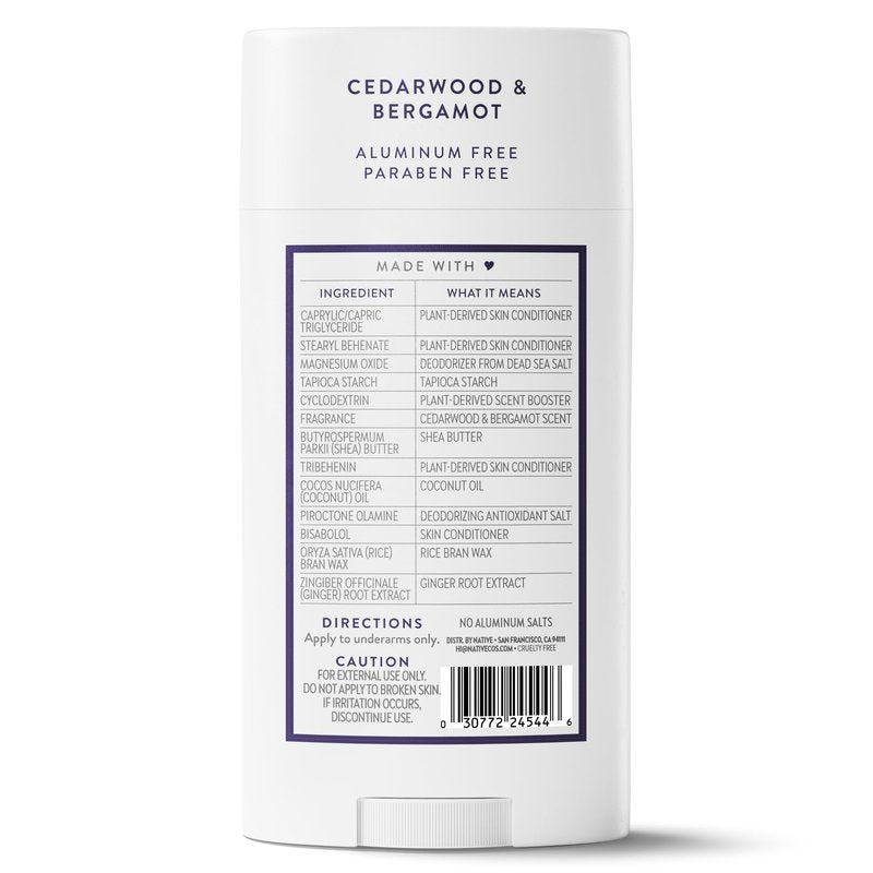 Native Aluminum Free Deodorant, Cedarwood & Bergamot, Large Size Stick, 72 Hour Odor Control, for Women & Men, Contains Naturally Derived Ingredients, 3.1 oz