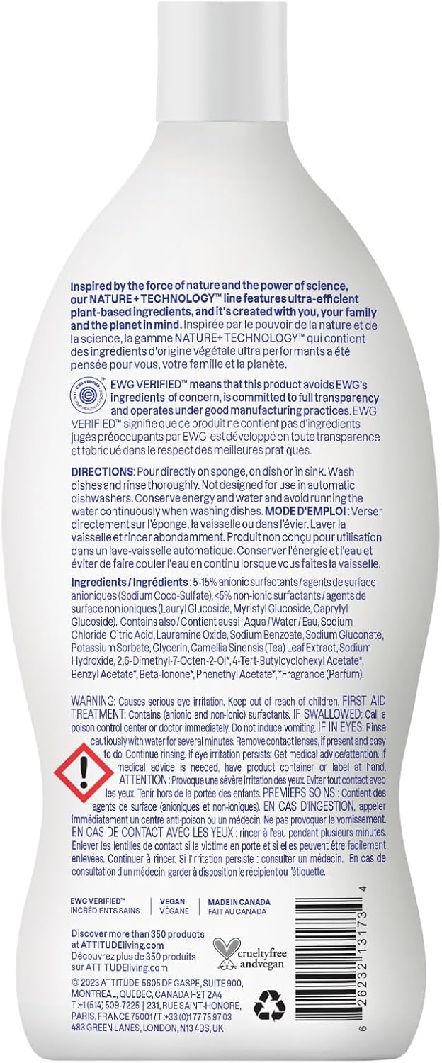 ATTITUDE Dish Soap - EWG Verified Plant-Based Vegan Dishwashing Liquid | Wildflowers Scent, 23.7 Fl Oz