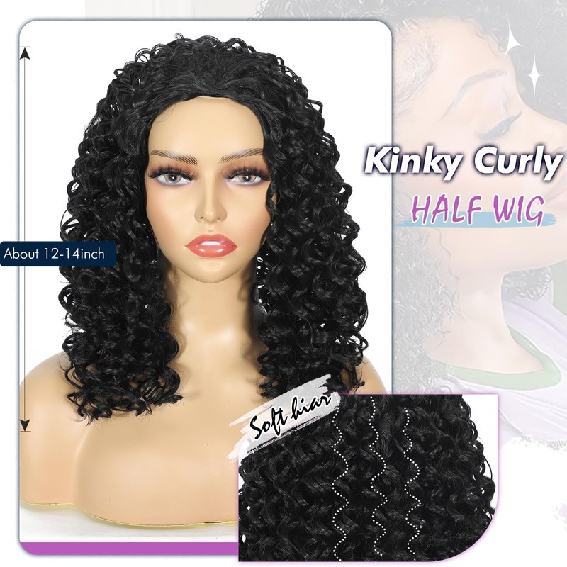 DEYNGS Synthetic Half Wig, Kinky Curly 3 In 1 Wigs For Black Women, Seamless Flip Over Half Wigs Glueless Wear and Go Beginner Friendly Drawstring Headband Wig for Women