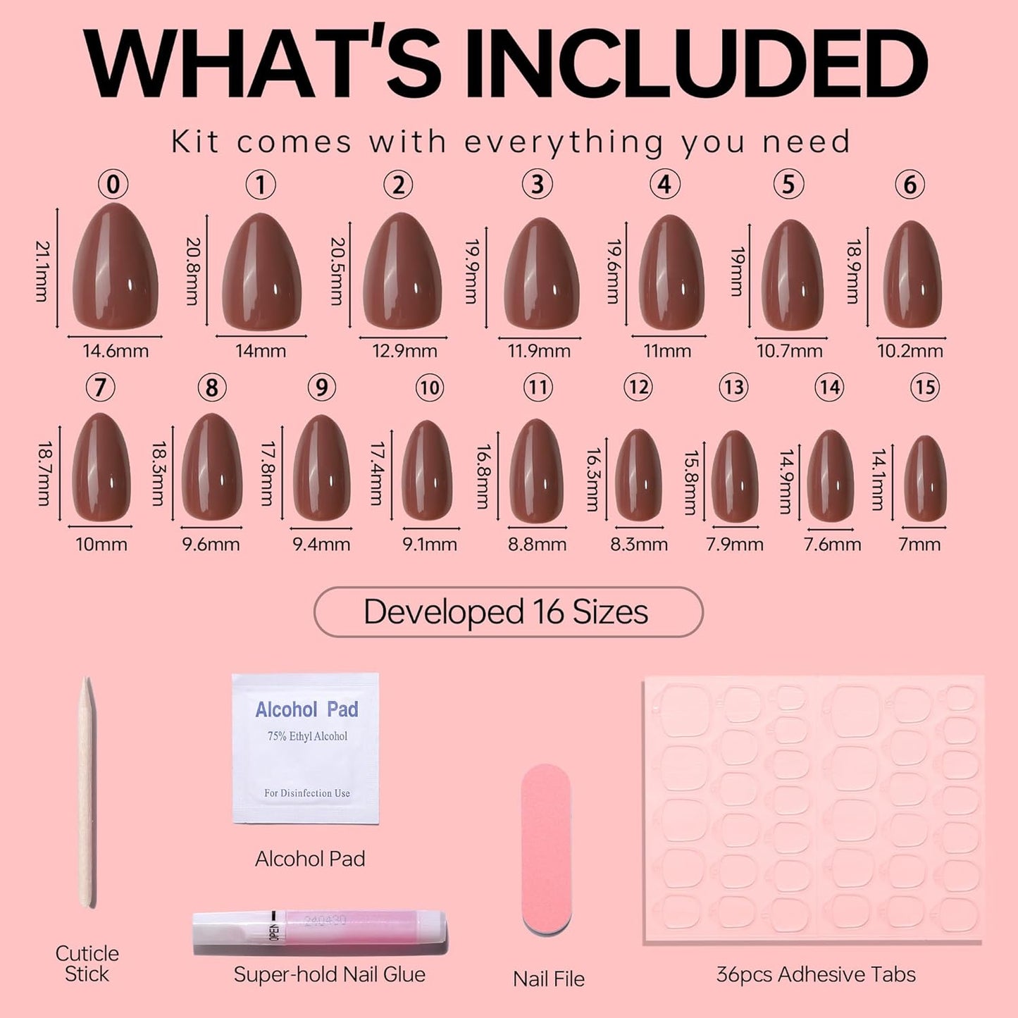 French Almond Gel Press On Nails Short 16 Sizes Fake Nails Glossy 32pcs, Nail Glue Included