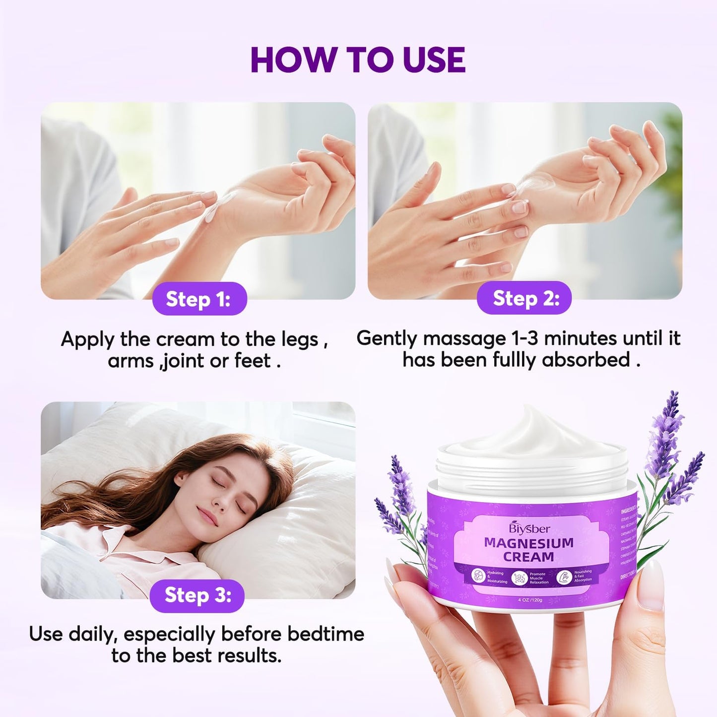 BIYSBER Natural Magnesium Body Butter for Leg Cramps/Feet/Arms/Muscle Relaxation - Calm Moisturizing Day and Nightime Cream 4 oz