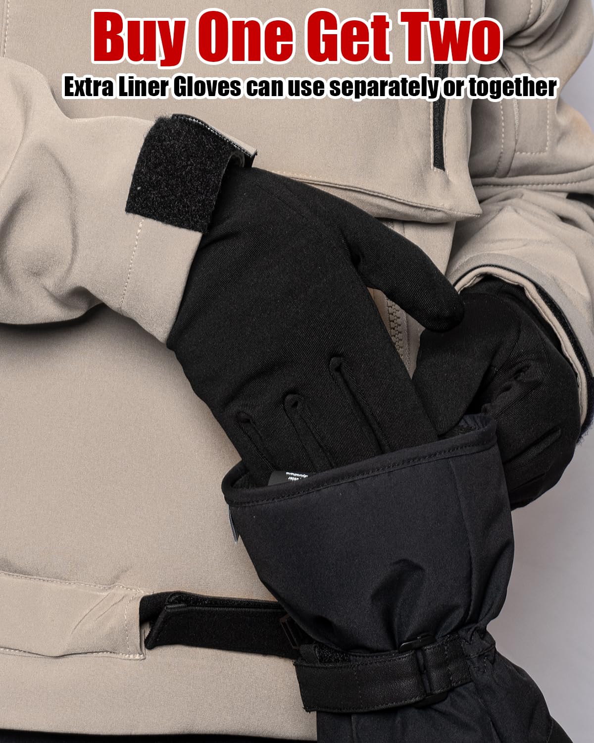 2 in 1 Waterproof Ski Mittens with Glove Liners, Winter Snow Gloves 3M Thinsulate Anti-Slip PU Palm Ski Gloves, Windproof Snowboard Mittens with Touchscreen Inner Gloves for All Snowsports, Small