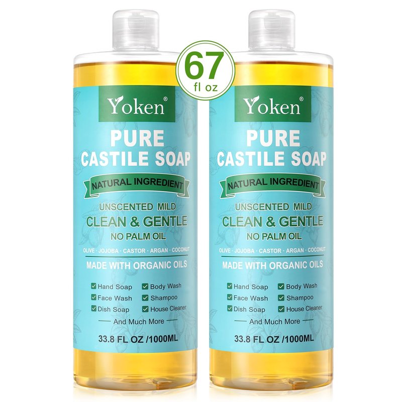 Yoken Pure Castile Soap Liquid Unscented 67 fl oz Castile Liquid Soap Made With Organic Oil, Clean & Gentle, No Palm Oil, Vegan, Natural Castille soaps for Face Body Hand Wash, Dishes Multi-purpose