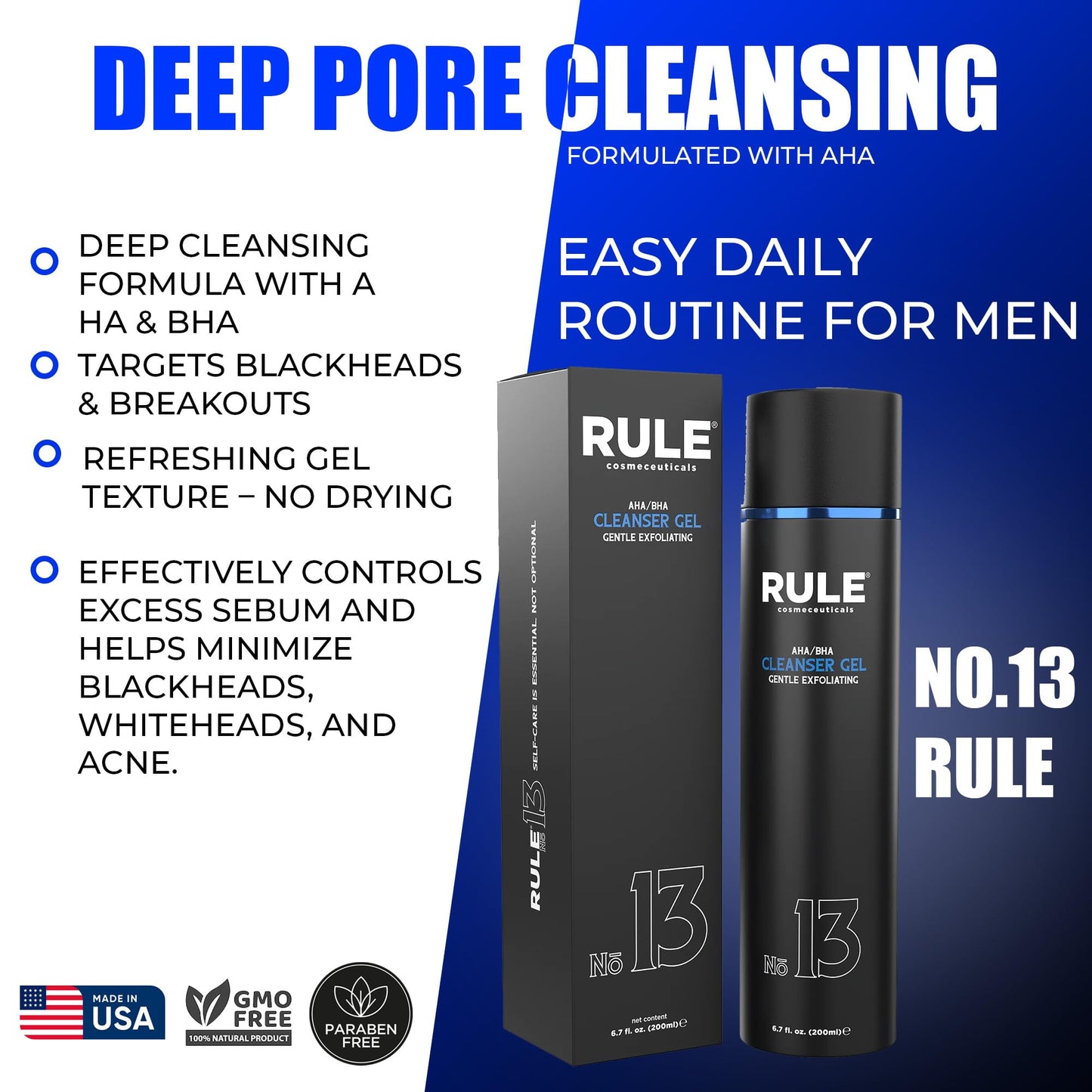 RULE COSMECEUTICALS - No.13 AHA BHA Cleanser, Exfoliating Face Wash for Smooth Skin & Pores, Gentle Facial Exfoliator for Redness & Blackheads, Hydrating pH-Balanced Gel, Oily & Sensitive Skin, 200 mL