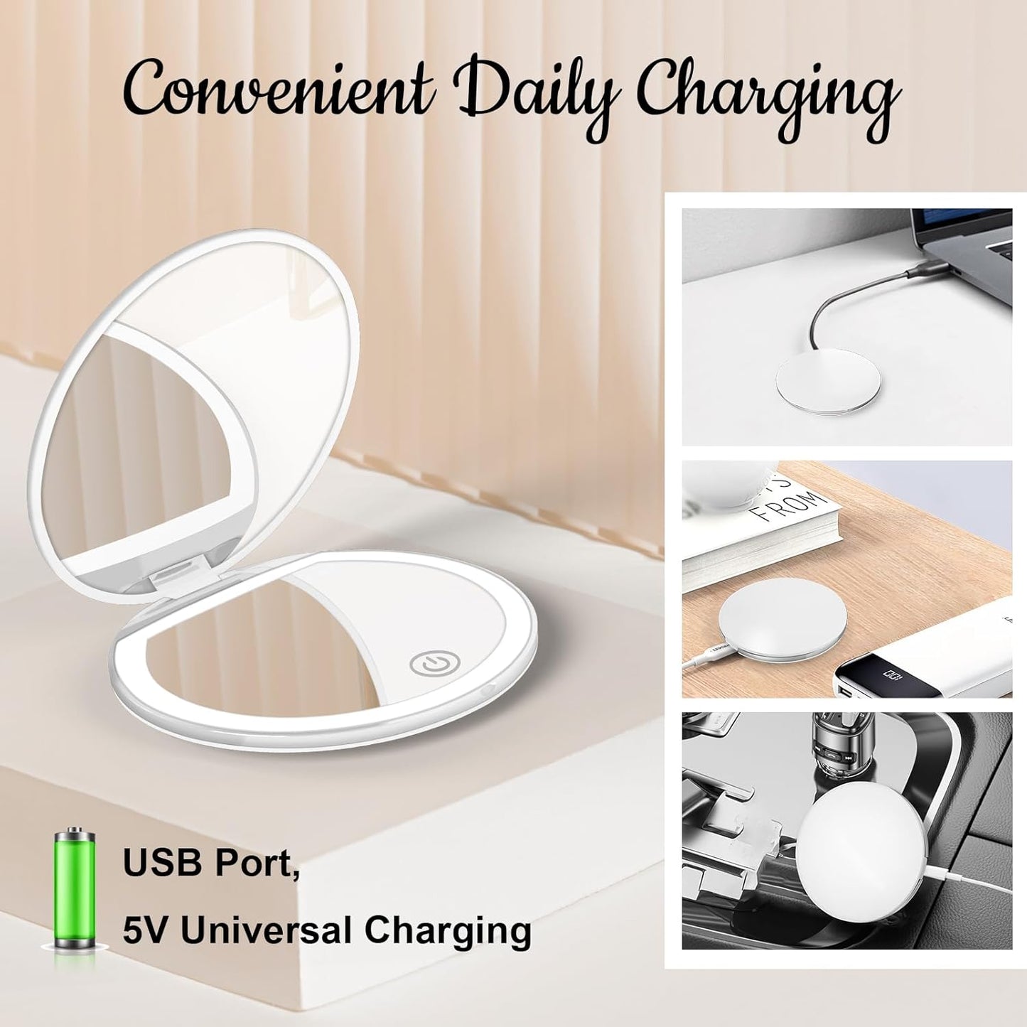 Compact Mirror with Light, 1X/3X Magnification LED Pocket Mirror with USB Data Cable,Mini Mirror for Purse, Pocket,Travel and Present (Pink)