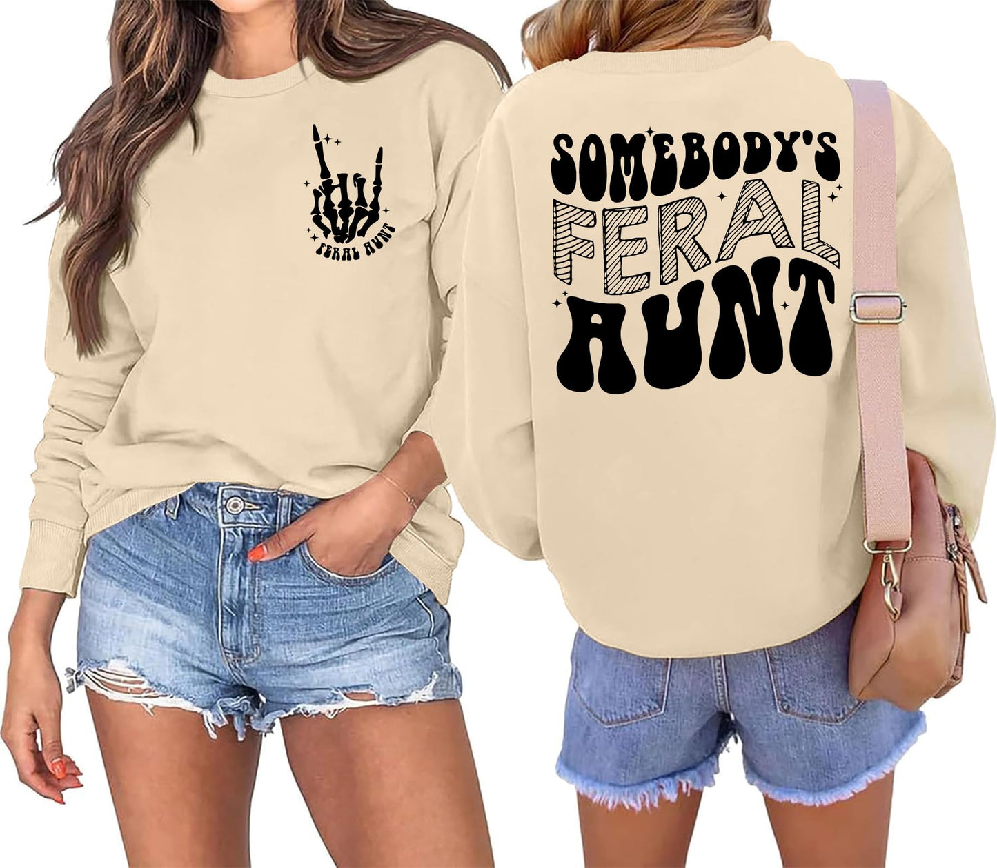 CAZYCHILD Auntie Sweatshirt Aunt Cewneck Sweatshirts for Women: Somebody's Feral Cool Aunt Era Shirt Best Aunt Ever Gifts Beige