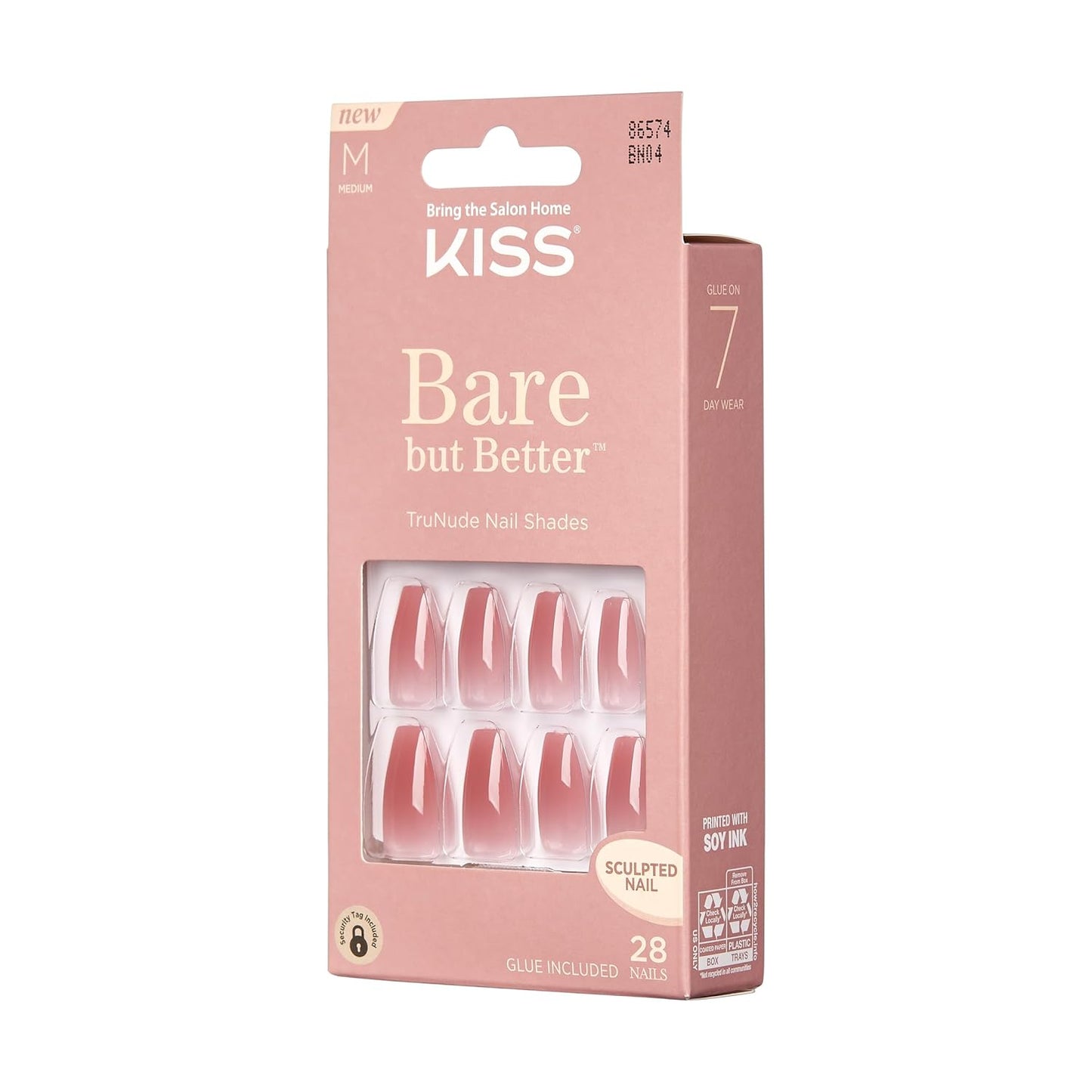 KISS Bare but Better, Press On Nails, Nail glue included, 'Nude Nude', Color, Medium Size, Coffin Shape, Includes 28 Nails, 2g glue, 1 Manicure Stick, 1 Mini File