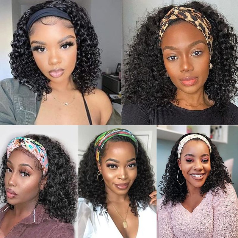 NICMISS Deep Wave Headband Wig Human Hair 12 Inch Curly Headband Wigs for Black Women Human Hair Glueless None Lace Front Wig Brazilian Virgin Hair Wear and Go Wigs 150% Density Natural Black Color