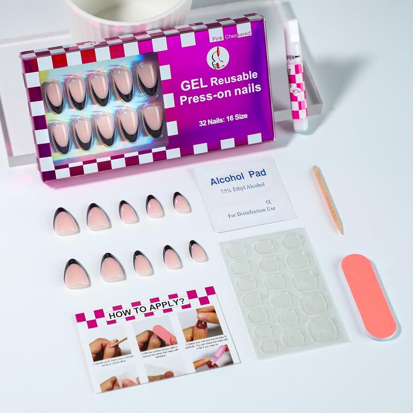 French Almond Gel Press On Nails Short 16 Sizes Fake Nails Glossy 32pcs, Nail Glue Included