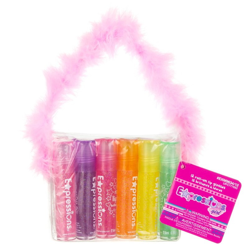 EXPRESSIONS 12pc Roll-On Lip Gloss Set with Marabou Handle & Carrying Case – Assorted Fruity Flavors | Non-Toxic Kid-Friendly Glossy Lip Makeup | Fun Gift Set for Kids & Teens – So Glam