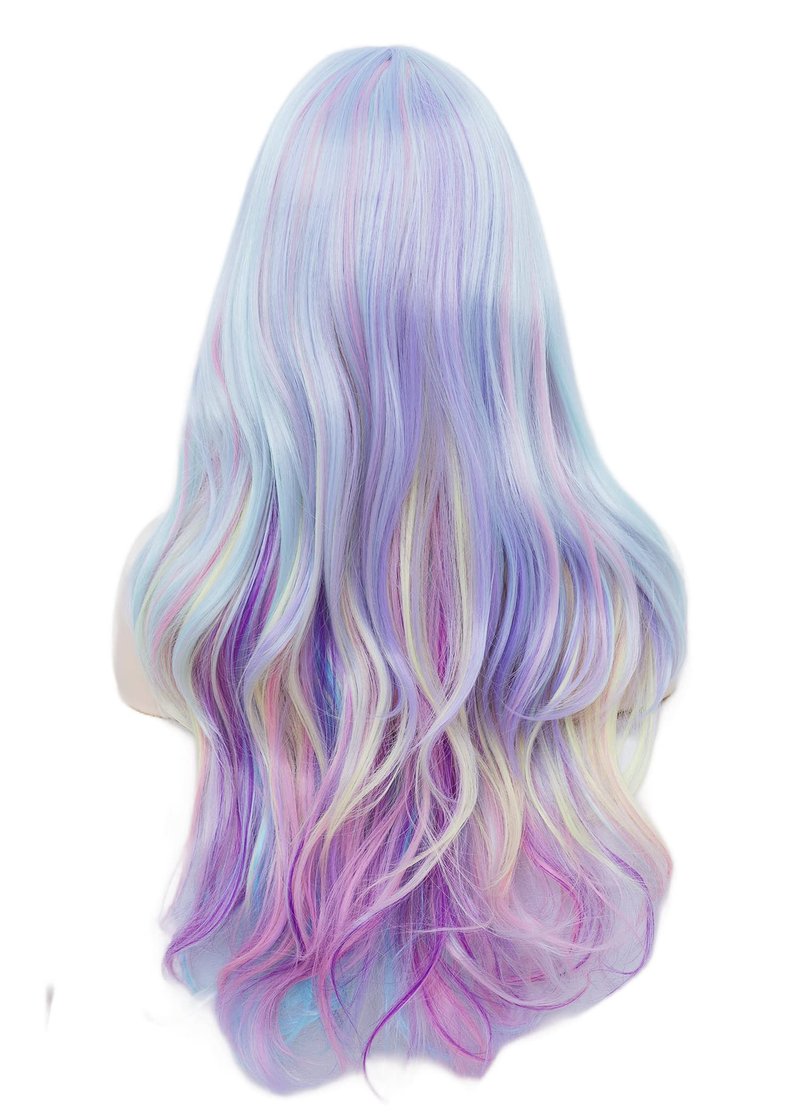 Rugelyss Rainbow Colorful Wigs for Women 26 Inches Long Wavy Fashion Synthetic Full Head Hair Wig with Bangs for Cosplay or Party