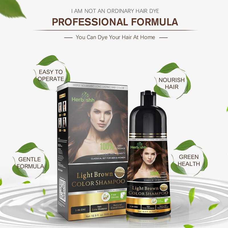 Herbishh Color Shampoo for Gray Hair Coverage (Light Brown) –Hair Dye 3-in-1 Shampoo- Colors in Minutes – Lasts Up To 2-3 Weeks – 500 mL – Ideal for Men & Women