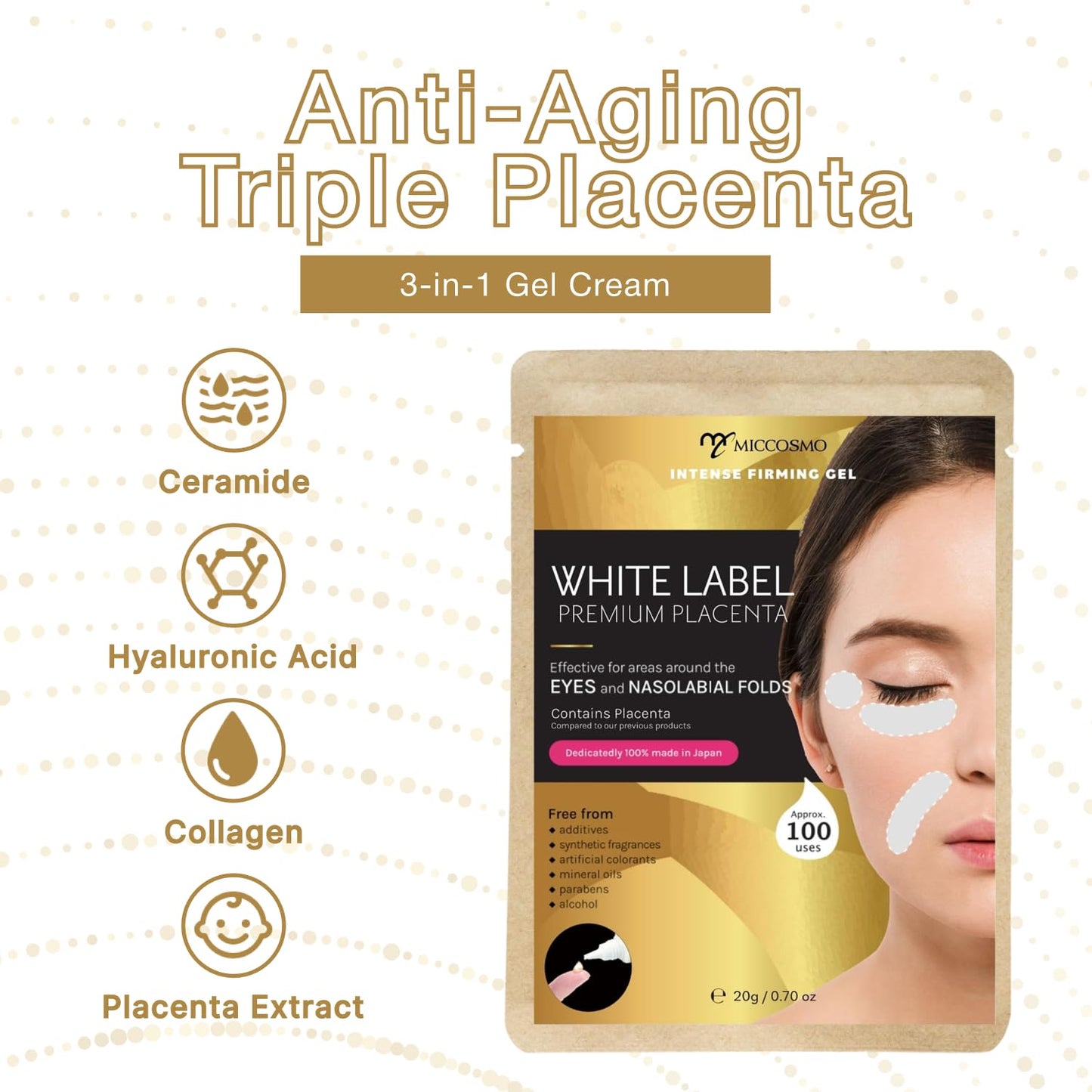 ホワイトラベル White Label Placenta Rich Gold Gel 30g – Moisturizing Gel with Placenta Extract, Hyaluronic Acid, Collagen & Ceramides – Gentle Care for Eye & Mouth Area – For Supple, Healthy-Looking Skin