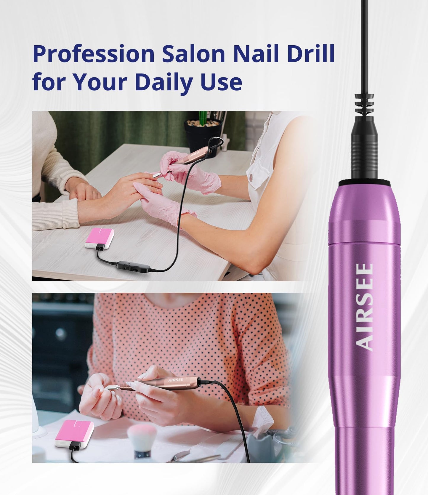 AIRSEE Portable Electric Nail Drill Professional Efile Nail Drill Kit for Acrylic, Gel Nails, Manicure Pedicure Polishing Shape Tools with 11Pcs Nail Drill Bits and 56 Sanding Bands N24 (Purple)
