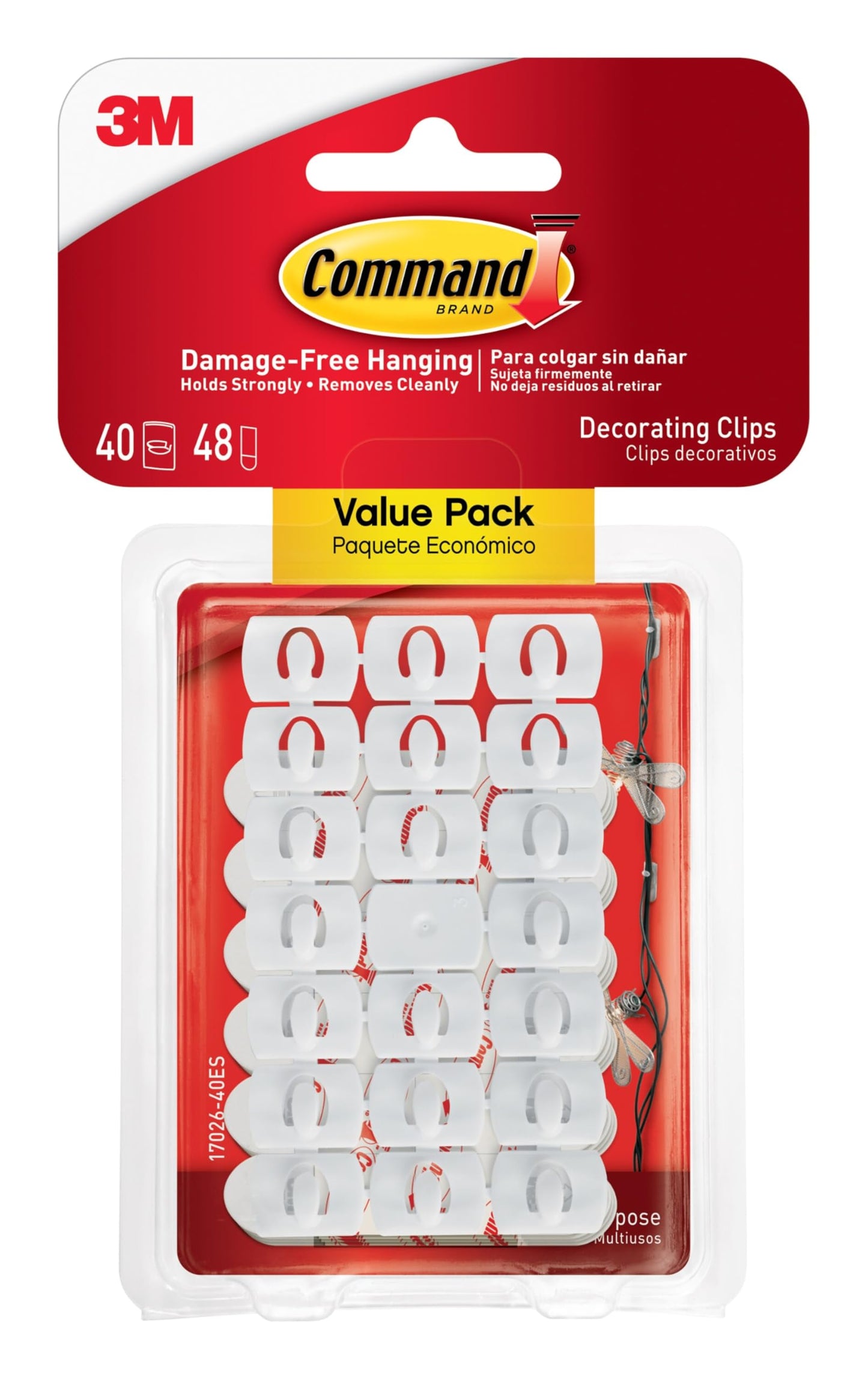 Command Decorating Clips, 40 Clips and 48 Command Strips, Damage-Free Hanging Light Clips with Adhesive Strips, No Tools Small Wall Clips for Hanging Lights and Cables