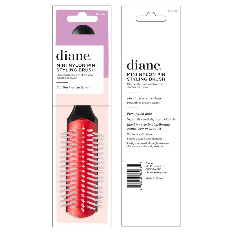 Diane Pro Mini Nylon Pin Styling Hairbrush for Detangling, Separating, Shaping, and Defining Wet or Curly Hair, Heat-Resistant, Anti-Static, Travel Essential, Black/Red