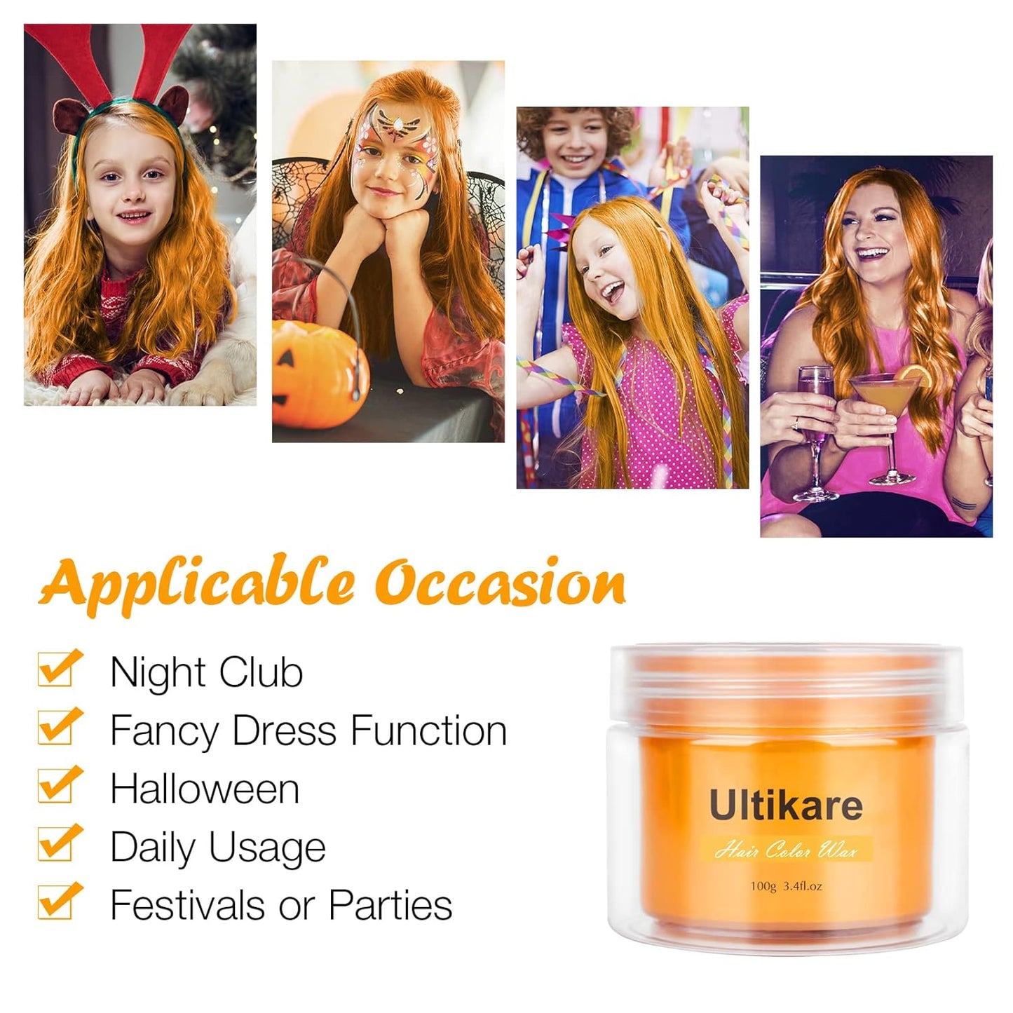 Temporary Hair Color for Kids, Ultikare Orange Hair Dye Washable Natural Hair Wax Color Chalk Mud Cream DIY Hairstyle Clay For Dark Hair Halloween, Cosplay, Party, Christmas Gift Girls 3.4 Fl Oz