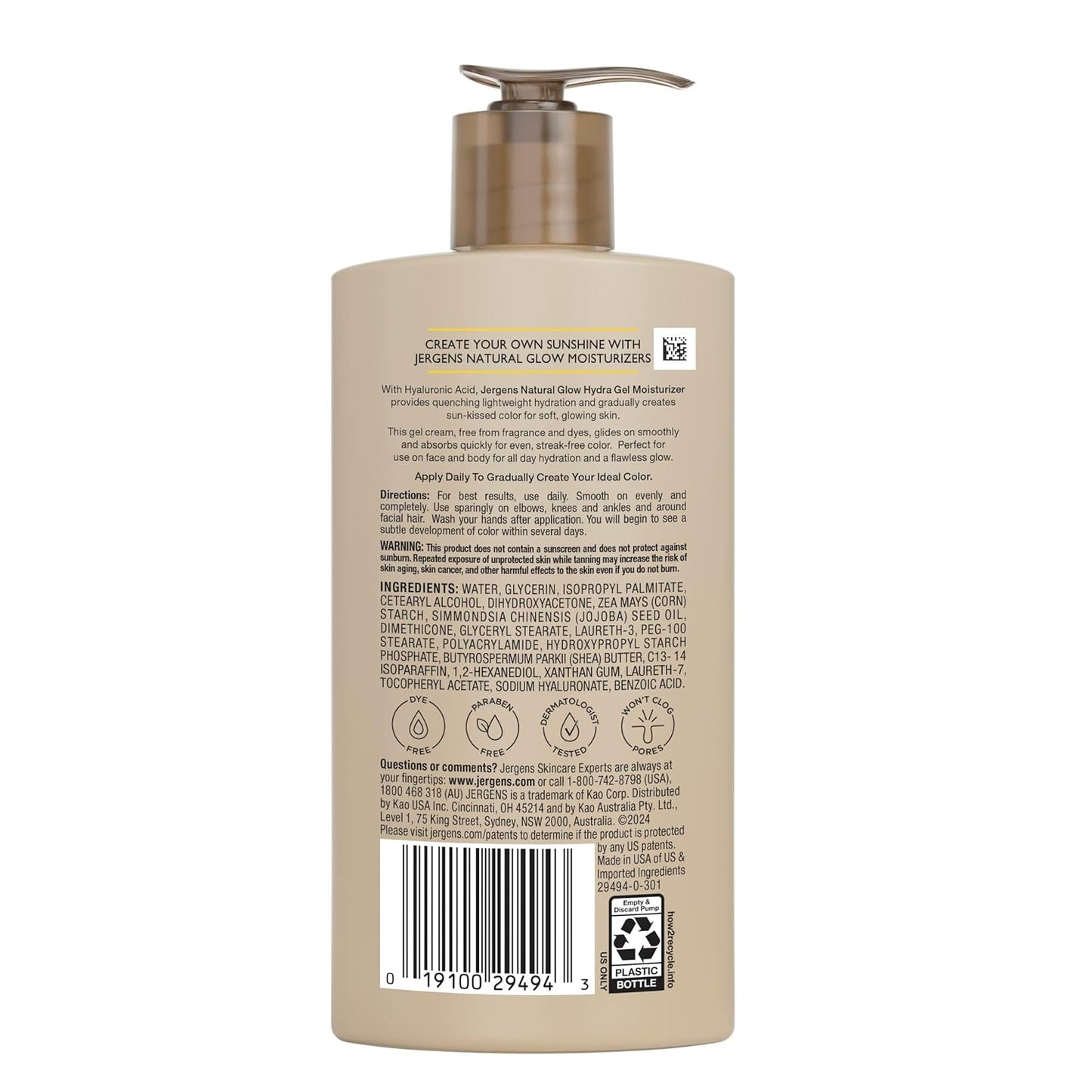 Jergens Natural Glow - Hyaluronic Acid Tanning Lotion | Fragrance-Free Hydrating Gel, 8.3 Fl Oz