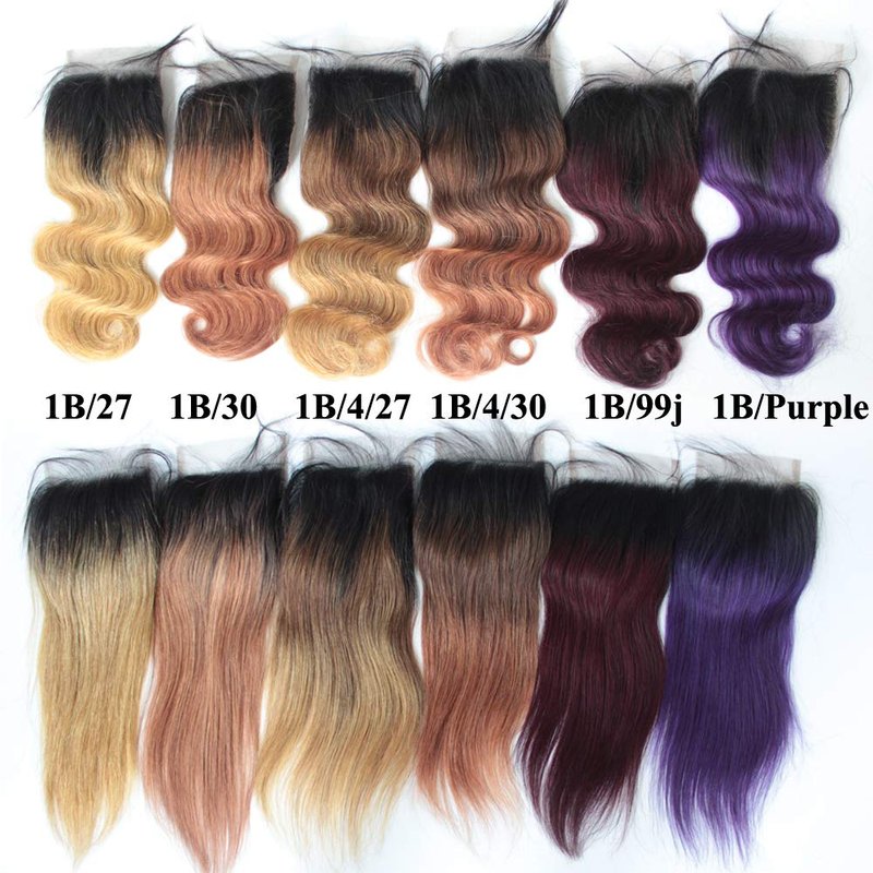 Forawme Brazilian Virgin Human Hair Top Closure Pre Plucked Natural Hairline 18 Inch 4X4 inch 1B/4/27 Ombre Body Wave Lace Closure Hair Pieces With Natural Hairline
