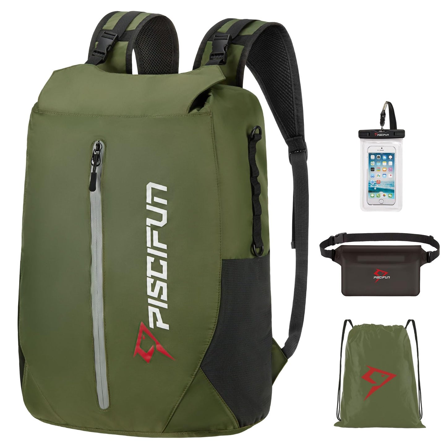 Piscifun Dry Bag Waterproof, Floating Dry Backpack, Lightweight Waterproof Dry Bag with Waist Pouch and Phone Case for Kayaking, Camping, Beach, Boating & Swimming for Men & Women Army Green 30L