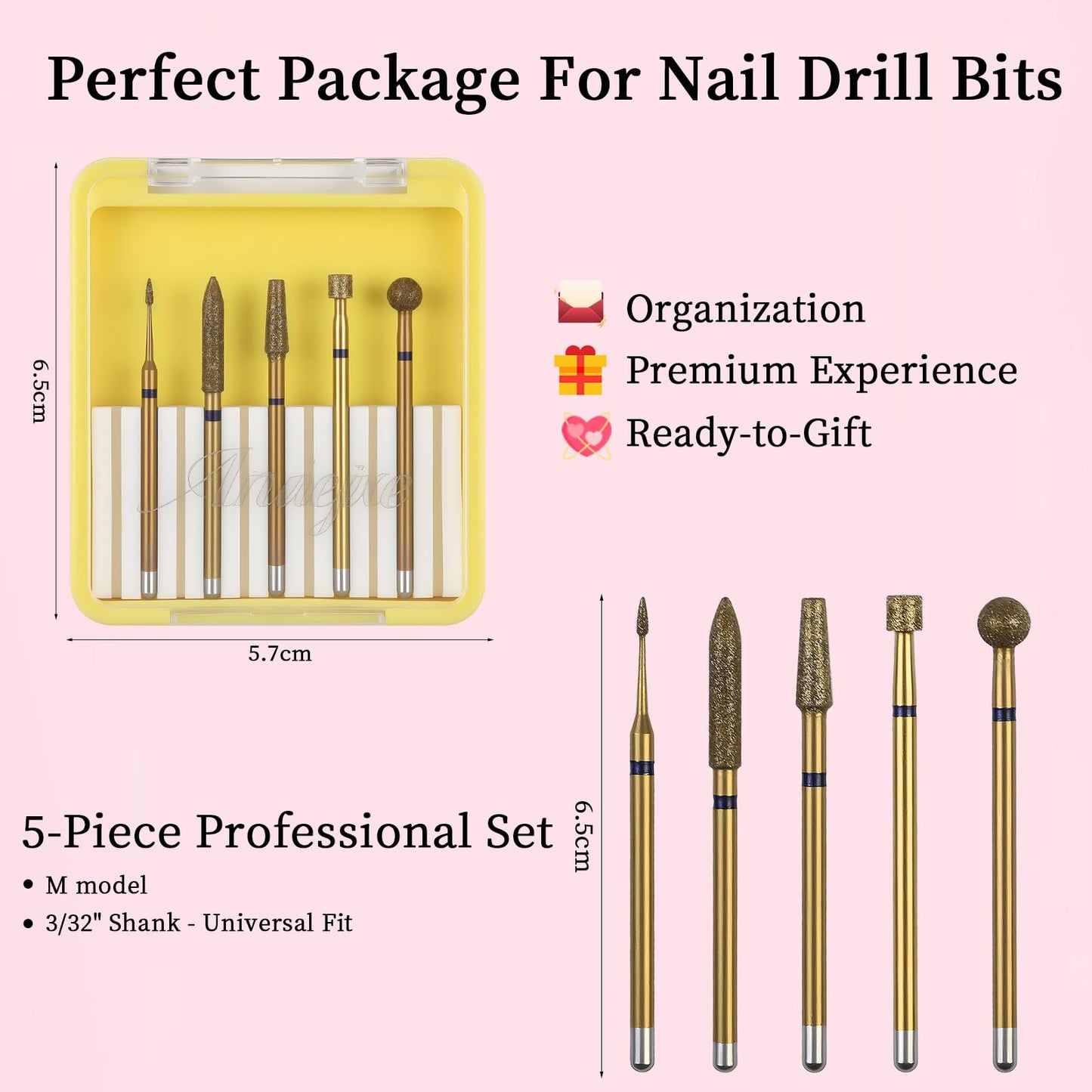 Aruiefxe Nail Drill Bits Set, 5pcs Tungsten Carbide Nail Drill Bits for Acrylic Nails Poly Gel Cuticle Remove, Professional Nail Bits for Nail Drill, Pedicure Tools (PINK-FINE1)