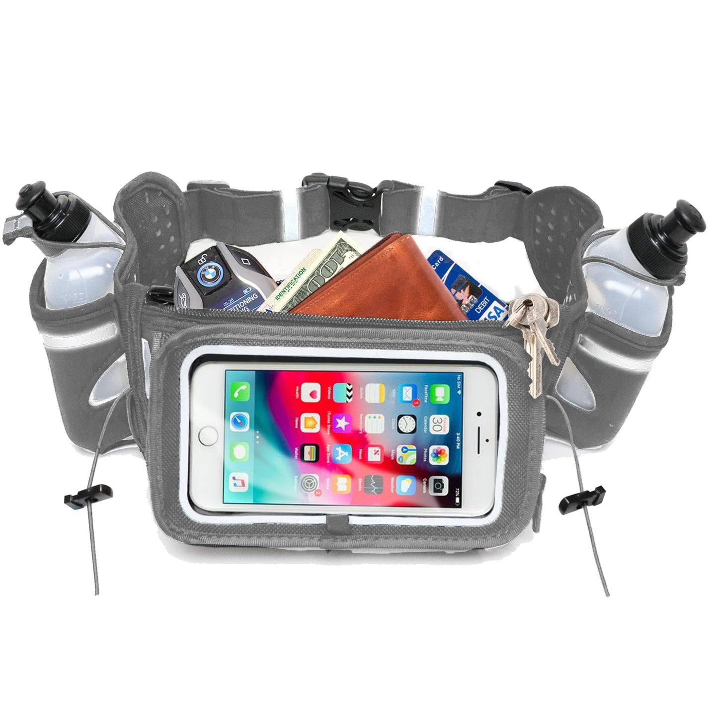 No.1 Hydration Belt by Runtasty - Premium Winners' Running Fuel Belt w/2 BPA-Free 10 oz Water Bottles, Tilt-Up Pocket w/Touchscreen-Ready Cover - Fits All iPhones, No-Bounce Design (Platinum Gray)