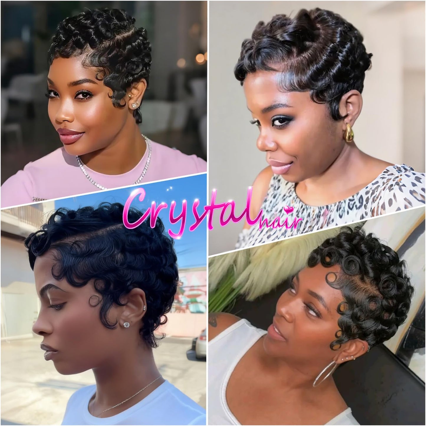 CRYSTALHAIR Short Curly Pixie Cut 13x4 Lace Front Wig 100% Human Hair Wigs, Black 13x4 HD Lace Frontal Wigs Short Layered Curly Glueless Wig Pre Plucked Deep Wave Pixie Cut Human Hair Wigs for Women