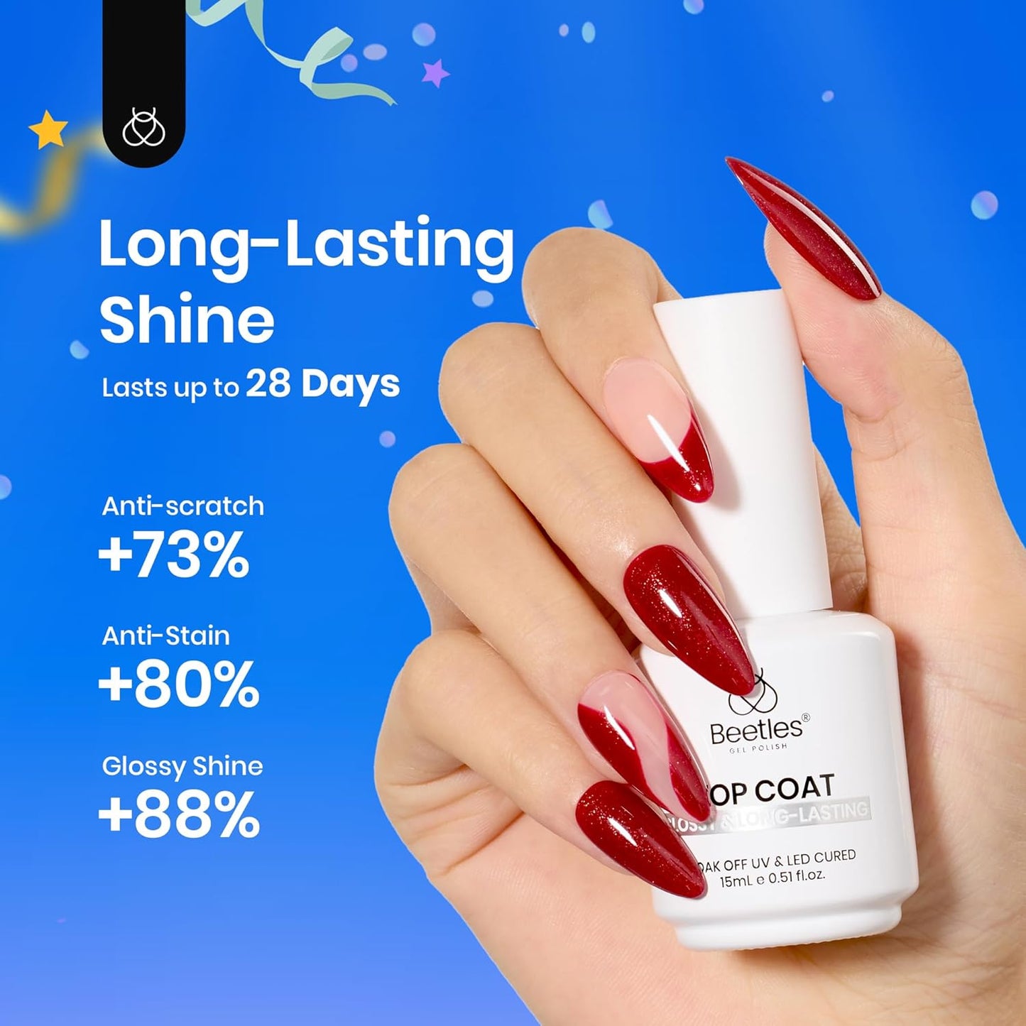 Beetles Extra Glossy Gel Top Coat - 15ml Clear Glossy No Wipe Top Coat Gel Nail Polish High Shine Long Lasting Nail Surface Protection Manicure for Women