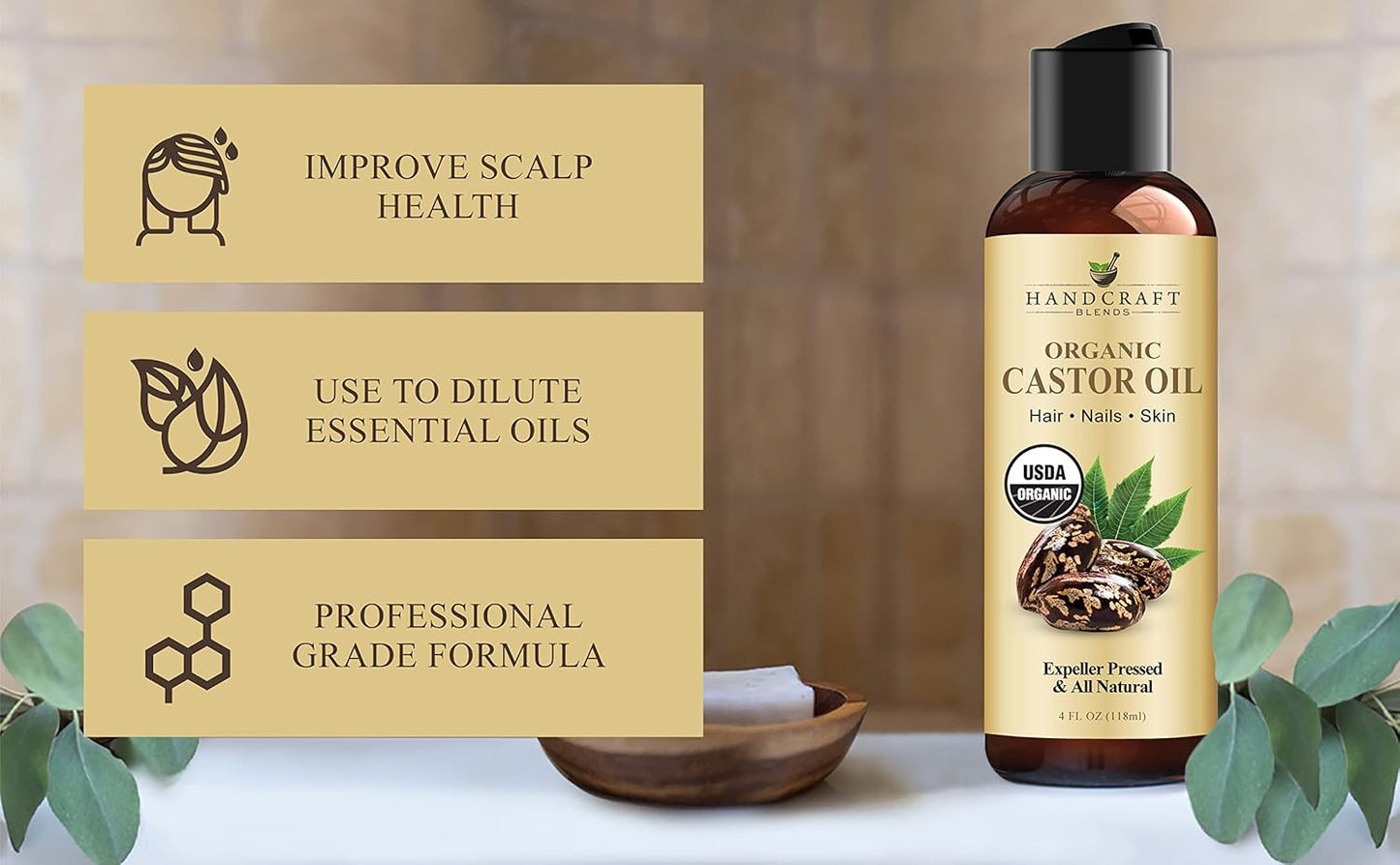 Handcraft Blends USDA Organic Jojoba Oil - Cold-Pressed 4 Fl Oz - 100% Pure and Natural - Premium Grade Carrier Oil for Skin and Hair - Hair and Body - Massage - Hexane-Free