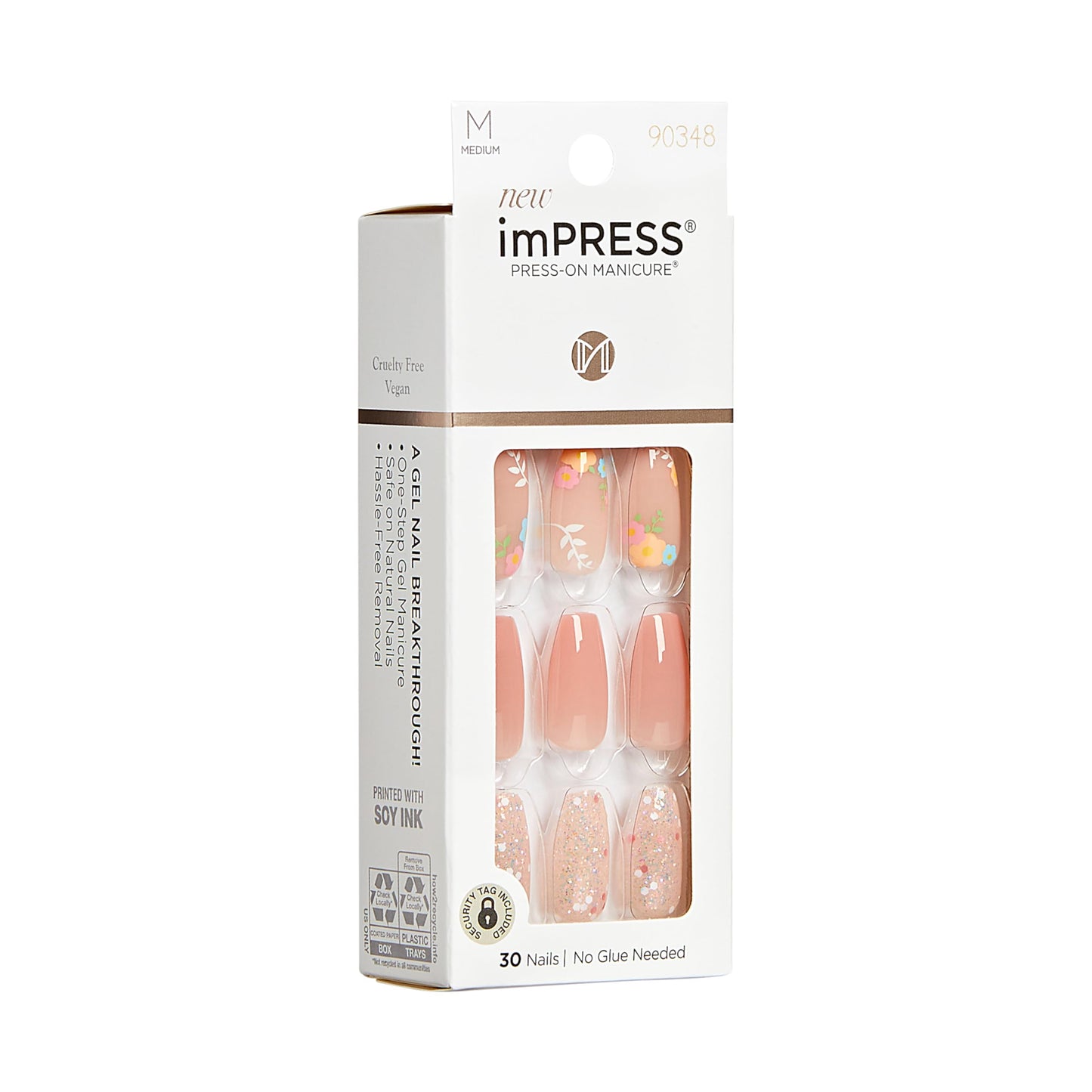 KISS Impress Press-On Manicure Fake Nails, Hokey Pokey - Medium Length, Coffin Shape, Polish-Free Nude Pink with Flower Design Mani, Includes Prep Pad, Mini File, Manicure Stick, and 30 Fake Nails