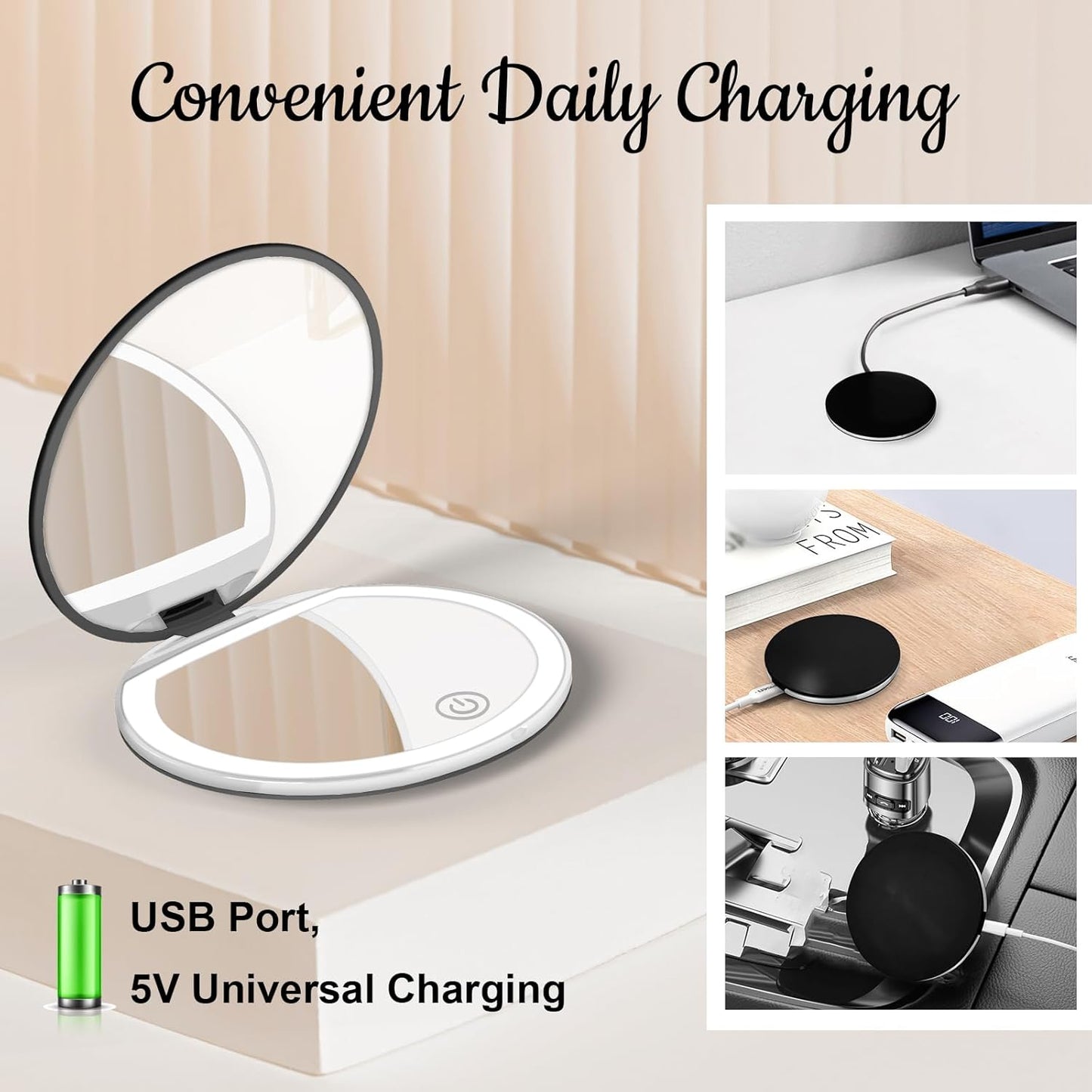 Compact Mirror with Light, 1X/3X Magnification LED Pocket Mirror with USB Data Cable,Mini Mirror for Purse, Pocket,Travel and Present (Pink)