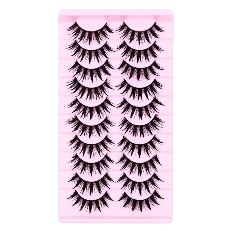 Anime Manga Style Cat Eye False Eyelashes 10 Pairs Wet Look C-Curl Spiky Makeup Lashes with Cotton Band for Cosplay, Daily Wear & Party
