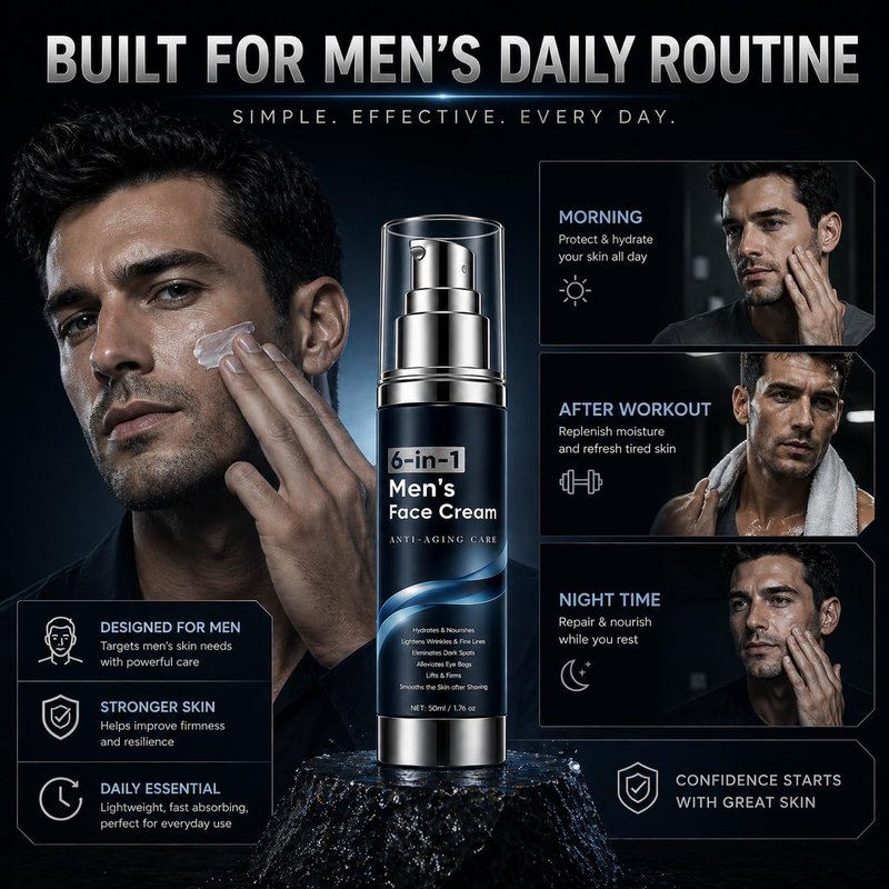 WAESKI 6-in-1 Face Cream for Men, Anti-Aging Moisturizer with Collagen, Hyaluronic Acid and Shea Butter, Reduces Wrinkles, Dark Circles and Puffiness, Men's Formula Daily Care 1.76 fl oz (1)