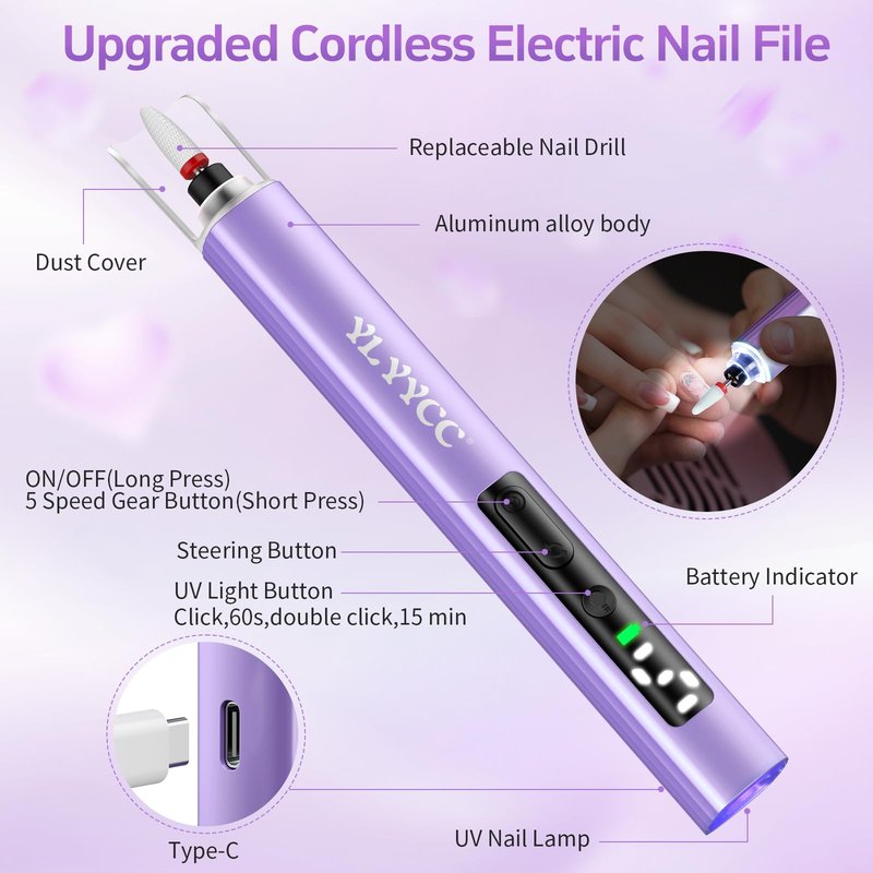 YLYYCC Electric Nail Drill Cordless Nail File with UV Lamp:Professional for Acrylic Gel Dip Powder Nails Portable Nail Kit Machine for Women Girl Manicure Pedicure Nail Set Rechargeable Lightweight