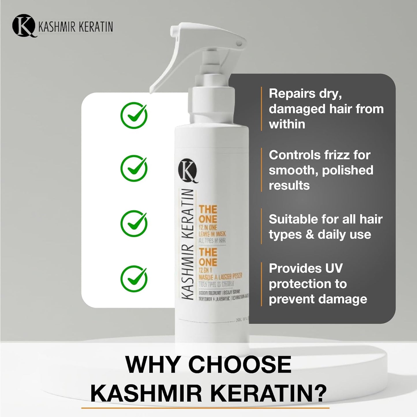 Kashmir Keratin Leave-In Conditioner Spray - 12-in-1 Hair Treatment for Frizz Control & Hydration | 8 Fl Oz