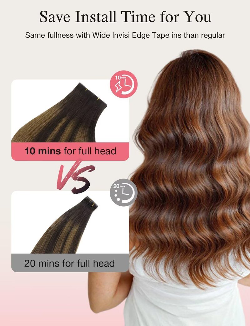 DOORES Invisi Edge Wide Tape in Human Hair Extensions, Dark Brown to Chestnut Brown 4PCS Injection Tape ins 20g 18 Inch, Injected 3 Inch Wide Extensions Straight for Thinning Hair