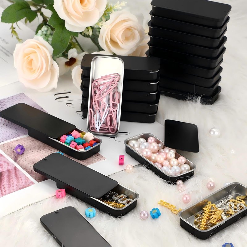 Norme 40 Pcs Small Slide Top Tin Lip Balm with Lids Rectangular Metal Containers for Lip Balm Candies Jewelry Crafts Pills Storage Kit(3.15 x 1.38 x 0.43 Inch,Black)