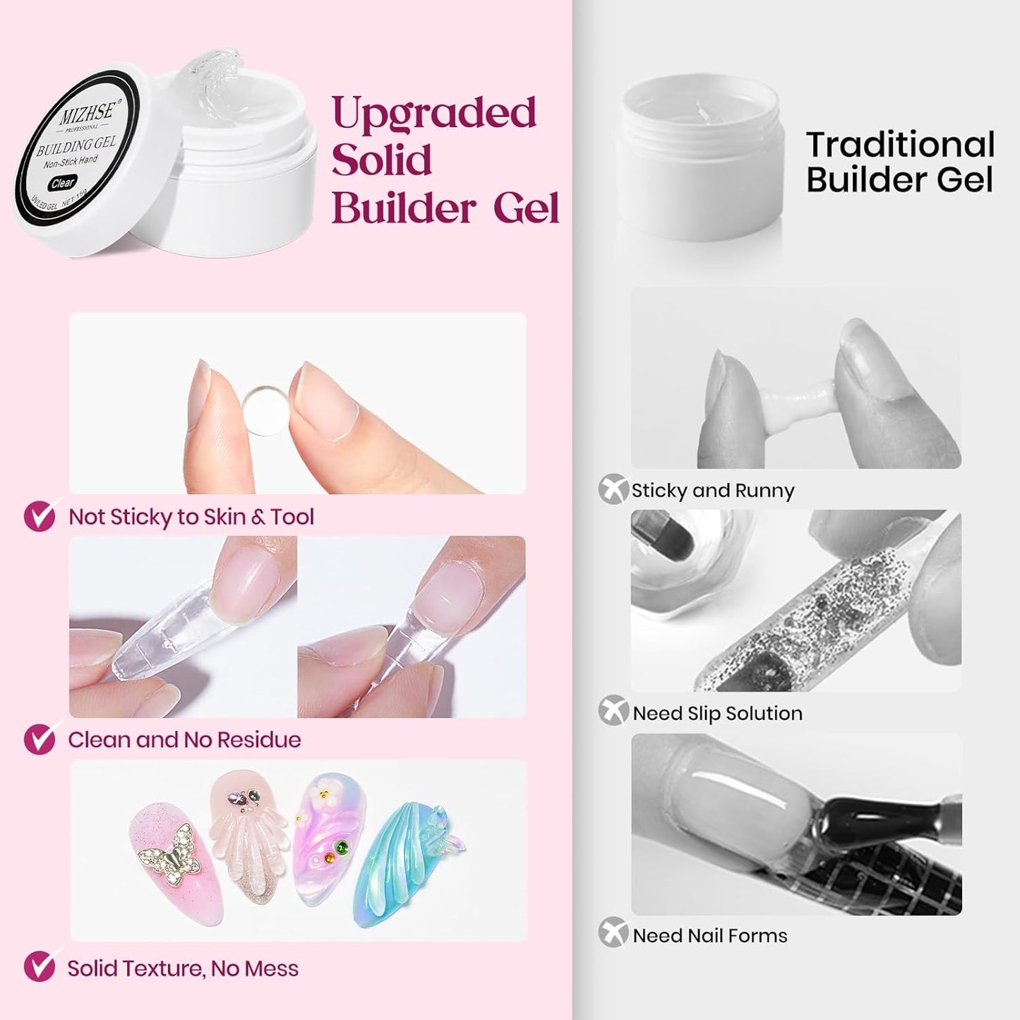 MIZHSE Solid Builder Gel for Nails, Clear Non-Sticky Sculpting Gel, 3D Nail Art Carving Building Modeling Hard Nail Extension Soak Off UV/LED Nail Art Salon Home DIY 15g