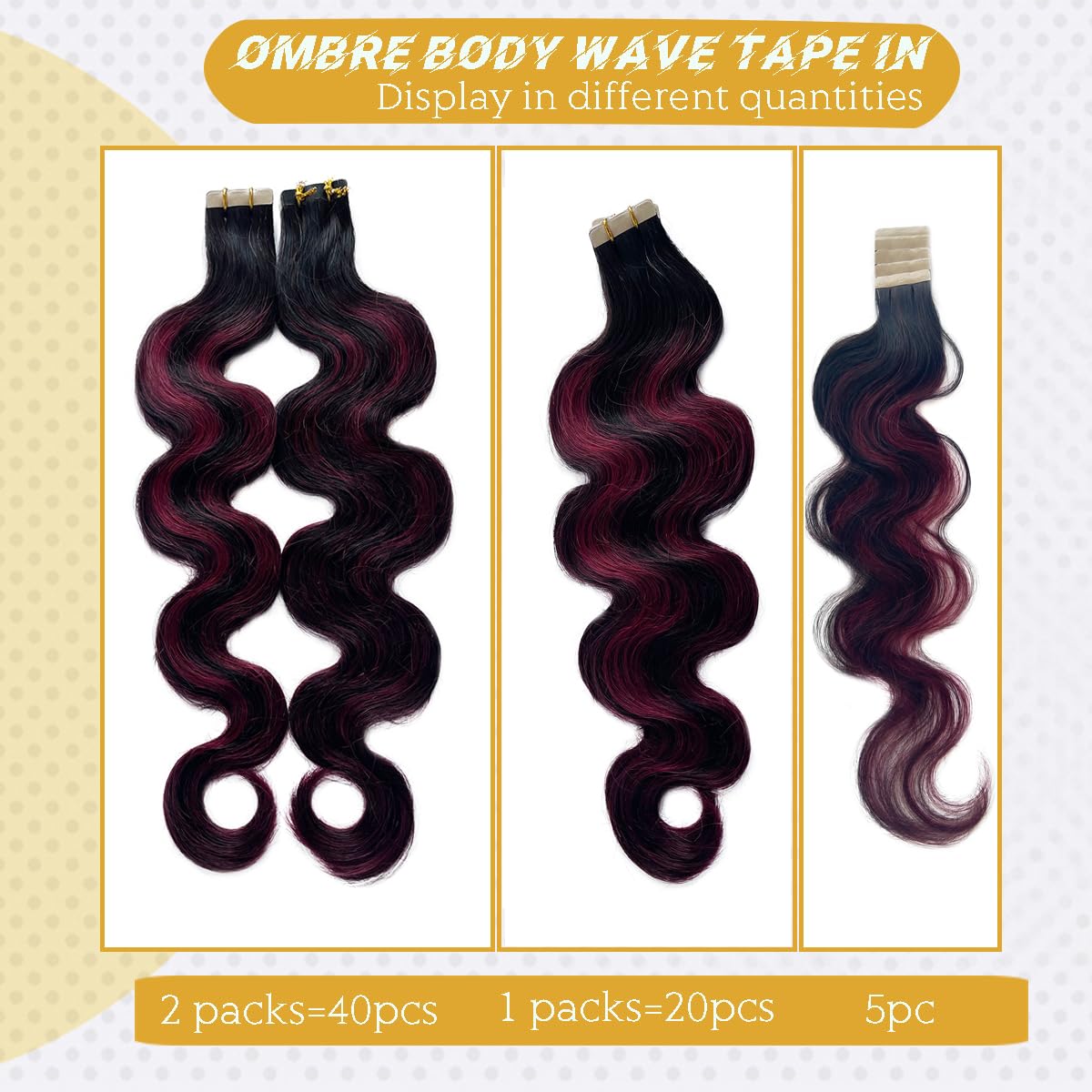 Ombre Body Wave Tape in Hair Extensions - Black to Wine Red Human Hair Balayage for Women - Burgundy Wavy Real Hair Extensions 20pcs 50g