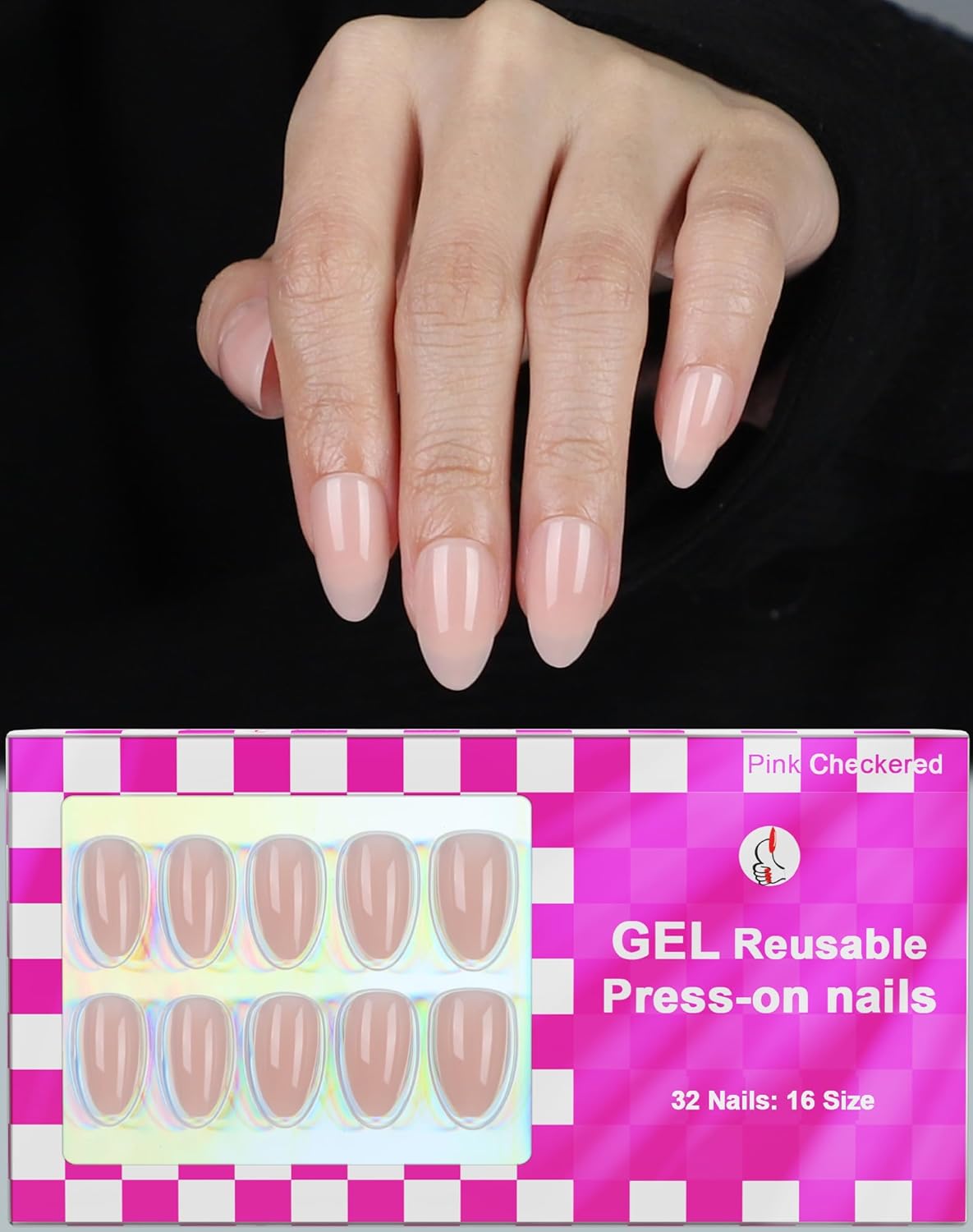 French Almond Gel Press On Nails Short 16 Sizes Fake Nails Glossy 32pcs, Nail Glue Included