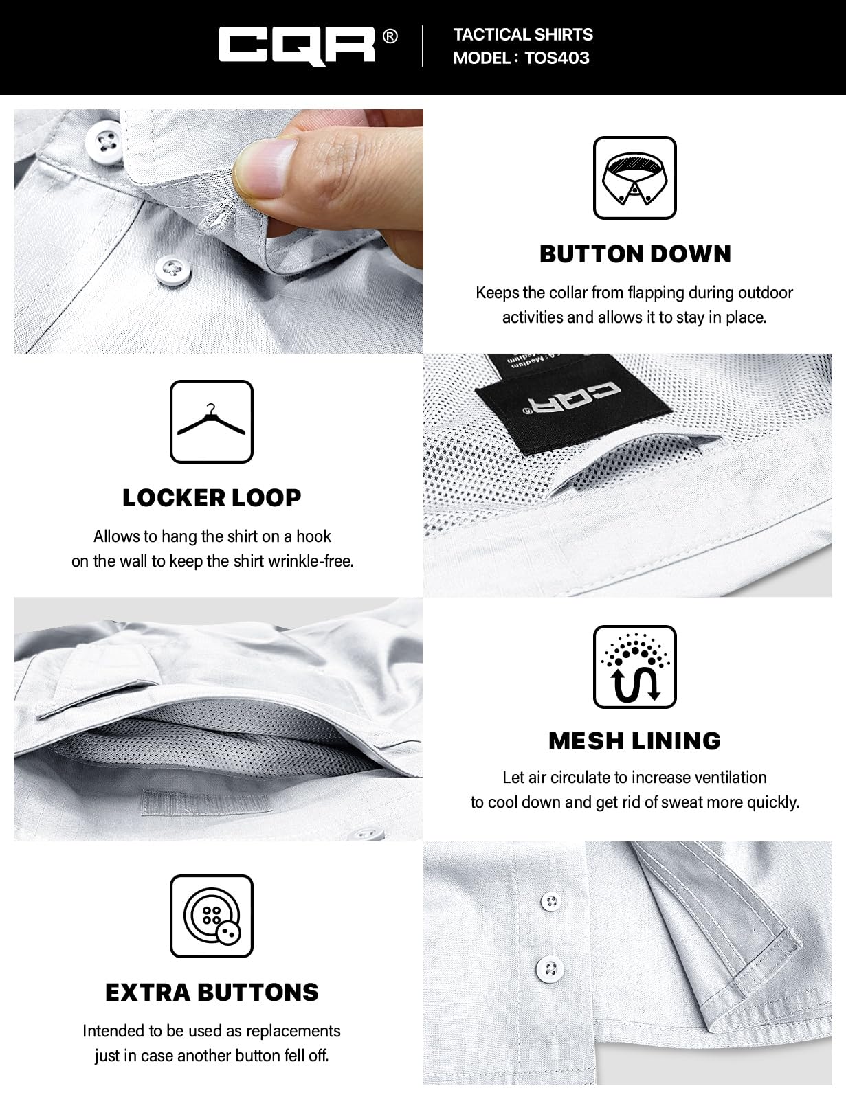 CQR Men's Short Sleeve Tactical Shirts, UPF 50+ Ripstop Military Work Shirts, Breathable Button Down Outdoor Hiking Shirt, Button Down Shirts White, XX-Large