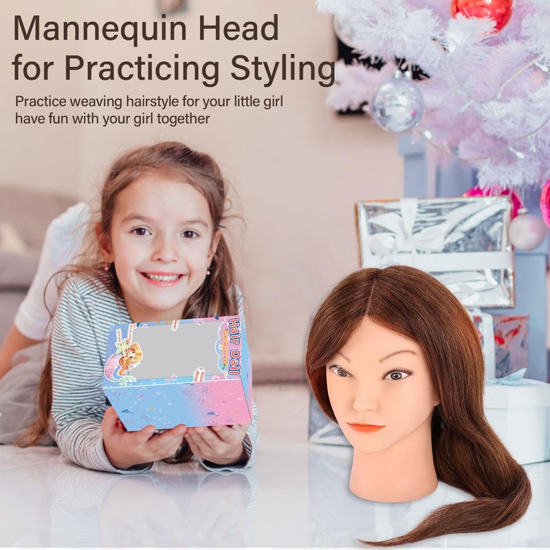 Mannequin Head with 100% Real Hair, Cenoz 18" Hairdresser Cosmetology Training Head with Stand and Tool, Manikin Training Practice Head, Doll Head for Hair Styling (Dark brown)