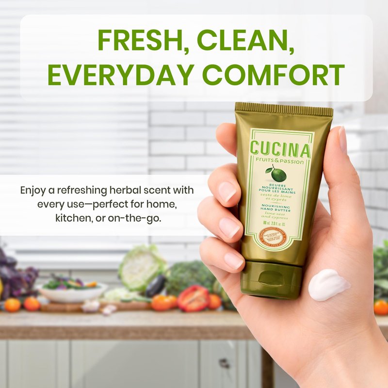 Fruits & Passion Cucina Lime Zest & Cypress Nourishing Hand Butter for Dry Cracked Hands, Rich Natural Formula with Cold-Pressed Olive Oil in Recyclable Jar, 2.0 fl oz