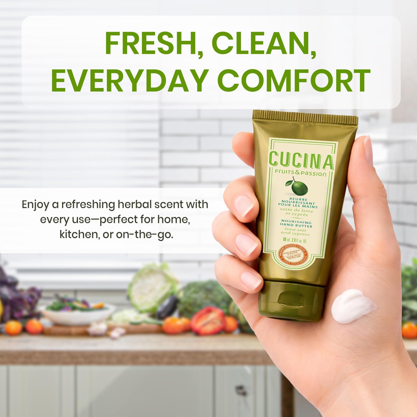 Fruits & Passion Cucina Lime Zest & Cypress Nourishing Hand Butter for Dry Cracked Hands, Rich Natural Formula with Cold-Pressed Olive Oil in Recyclable Jar, 2.0 fl oz