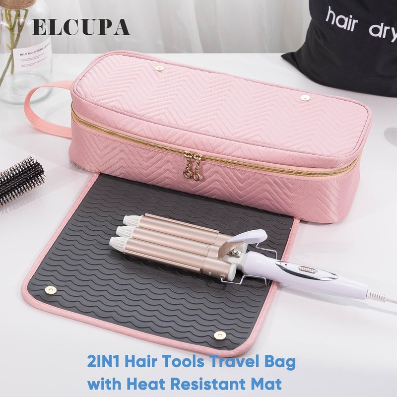 ELCUPA 2IN1 Hair Tools Travel Bag with Heat Resistant Mat for Shark Flexstyle, Flat Irons, Straighteners, Curling Iron, Hair Dryer Case Compatible with Revlon One-Step Hair Dryer, Hair Essentials