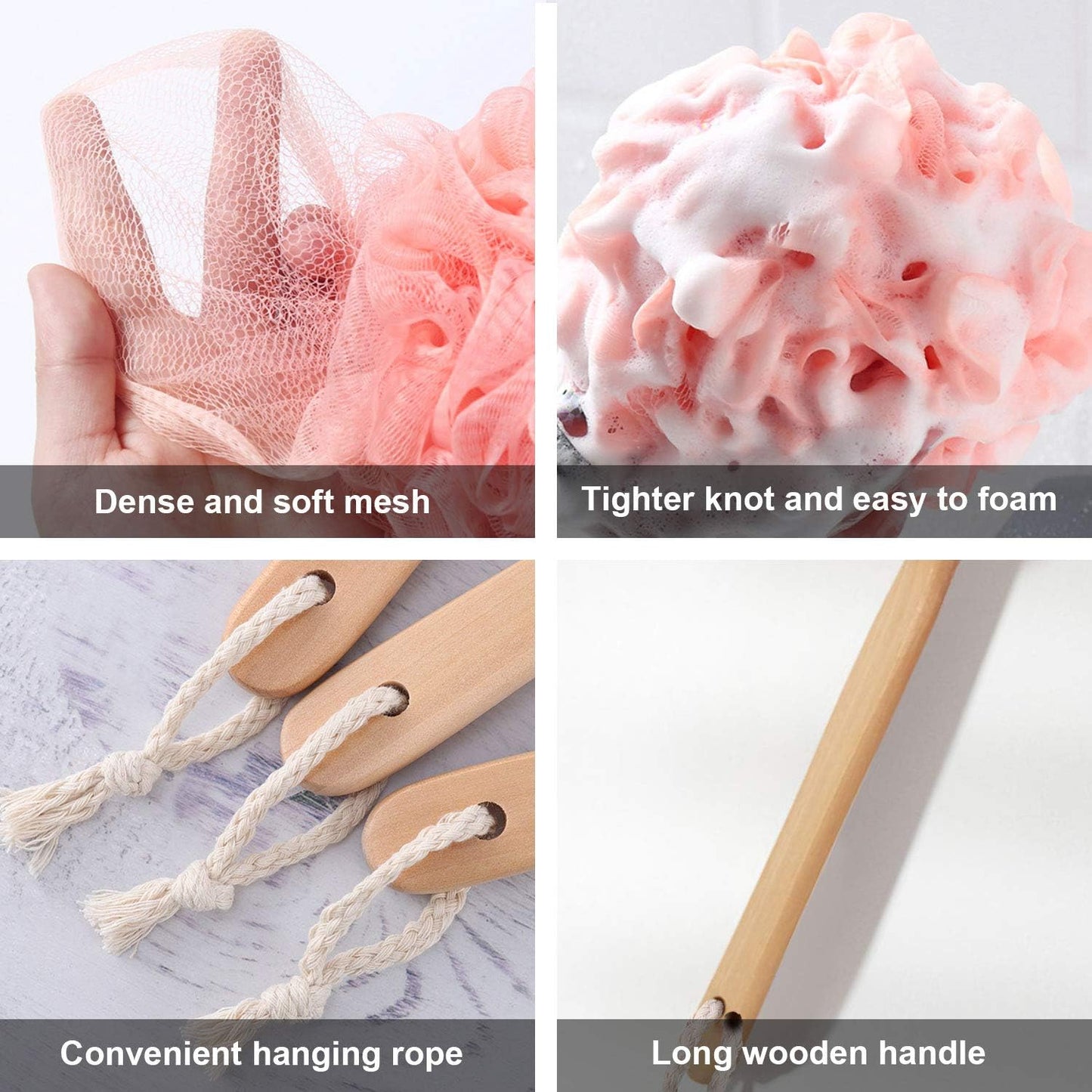 Loofah with Handle, Loofah on a Stick, Shower Sponge with Handle, Bath Brush, Shower Brush for Body, Back Scrubber for Shower, PE Soft Mesh Luffa for Men and Women