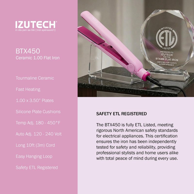 IZUTECH BTX450 1 Inch Tourmaline Ceramic Flat Iron Hair Straightener, Professional Salon Negative Ion Straightener with Adjustable Temperature for All Hair Types, Anti-Frizz High Shine, Pink